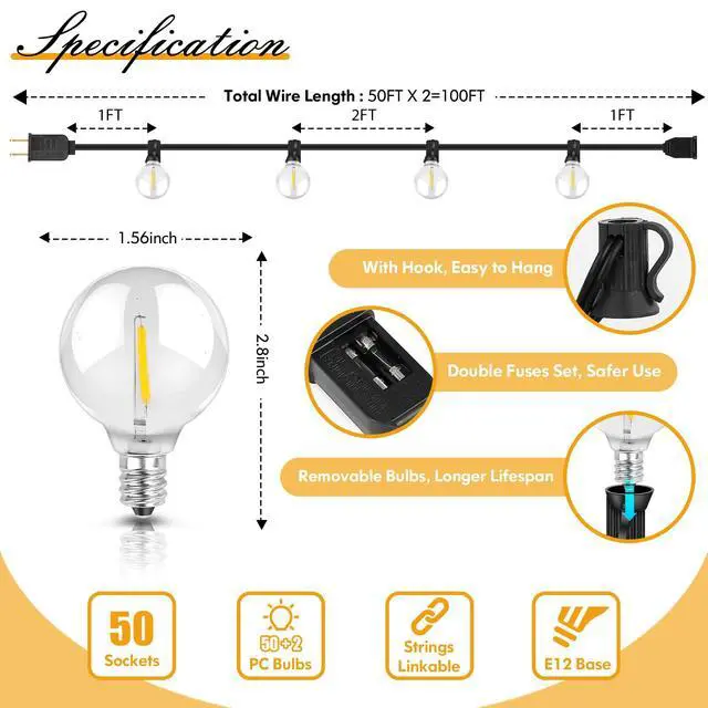 Alt view image 6 of 7 - 100FT LED Outdoor String Lights Patio Light with 52 Shatterproof G40 Dimmable Globe Bulb, 2-Pack 50FT Waterproof Outside Hanging String Light for Christmas Backyard Porch Balcony Gazebo Party
