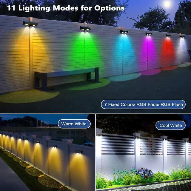 Alt view image 2 of 7 - Fence Lights Solar Powered 8 Pack LED Color Changing Outdoor Lights | Warm White/ Cool White/ RGB; 9 Color 11 Mode; Waterproof Lighting Outside Vinyl Fence Wall Railing Lights for Halloween Xmas