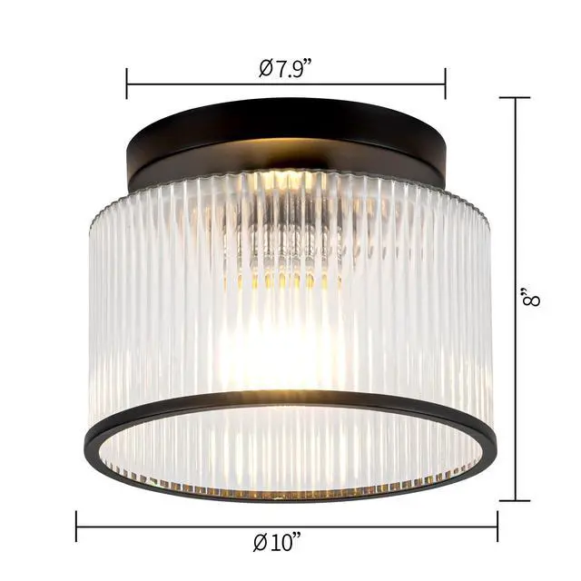 Alt view image 2 of 7 - Glass Ceiling Light, Clear Ribbed Glass Ceiling Light Fixture with Black Metal Frame, Modern Semi Flush Mount Ceiling Light for Hallway, Bedroom, Bathroom, Entryway, Kitchen