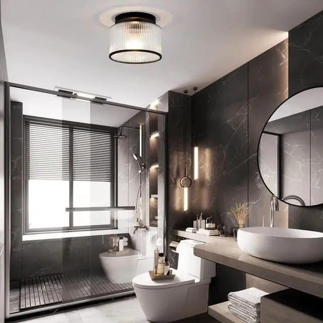 Alt view image 3 of 7 - Glass Ceiling Light, Clear Ribbed Glass Ceiling Light Fixture with Black Metal Frame, Modern Semi Flush Mount Ceiling Light for Hallway, Bedroom, Bathroom, Entryway, Kitchen