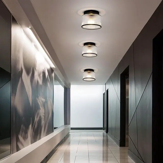 Alt view image 5 of 7 - Glass Ceiling Light, Clear Ribbed Glass Ceiling Light Fixture with Black Metal Frame, Modern Semi Flush Mount Ceiling Light for Hallway, Bedroom, Bathroom, Entryway, Kitchen