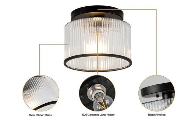 Alt view image 7 of 7 - Glass Ceiling Light, Clear Ribbed Glass Ceiling Light Fixture with Black Metal Frame, Modern Semi Flush Mount Ceiling Light for Hallway, Bedroom, Bathroom, Entryway, Kitchen