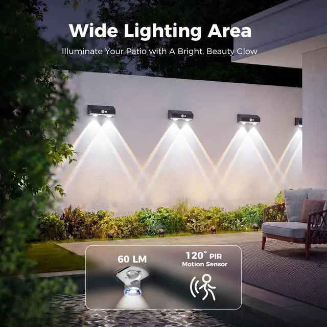 Alt view image 6 of 7 - Solar Fence Lights Outdoor with Motion Sensor,Fence Lights Solar Powered,IP65 Waterproof,3 Modes LED Solar Lights for Patio,Backyard,Railing,Wall,Nighttime,Party,Pool,8 Pack,Cool White