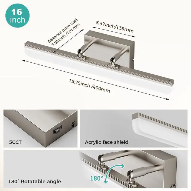 Alt view image 5 of 7 - Brushed Nickel Vanity Light, 15.7 Dimmable LED Bathroom Light Bar with 5CCT, Adjustable Angle Modern Wall Lighting for Bathroom, Powder Room, Bedroom, Apartment, Hotel