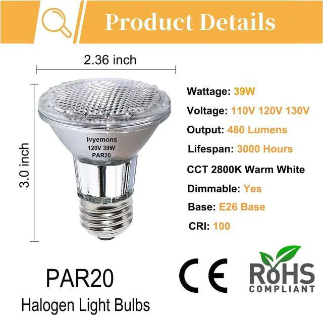 Alt view image 2 of 7 - Dimmable PAR20 Halogen Flood Bulbs 39W 120V 2800K for Track Lights | 2 Pack, E26 Base, 480 Lumens, High Output, Warm White, CRI100+, Flicker-Free, Long Lasting, for Range Hood, Recessed Lighting