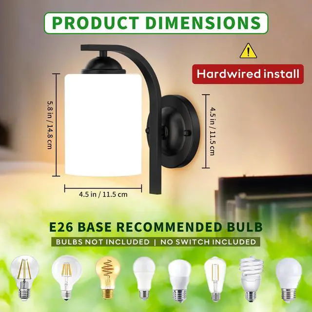 Alt view image 2 of 7 - 2-Pack Wall Sconces for Bedroom and Bathroom, Matte Black Farmhouse Wall Light Fixtures with Glass Shade, Modern Vanity Wall Lamps for Living Room, Hallway, Kitchen