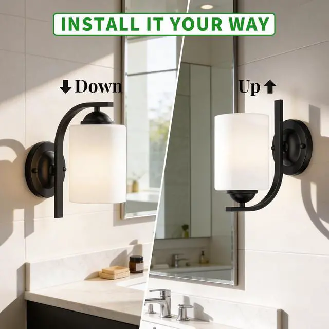 Alt view image 5 of 7 - 2-Pack Wall Sconces for Bedroom and Bathroom, Matte Black Farmhouse Wall Light Fixtures with Glass Shade, Modern Vanity Wall Lamps for Living Room, Hallway, Kitchen