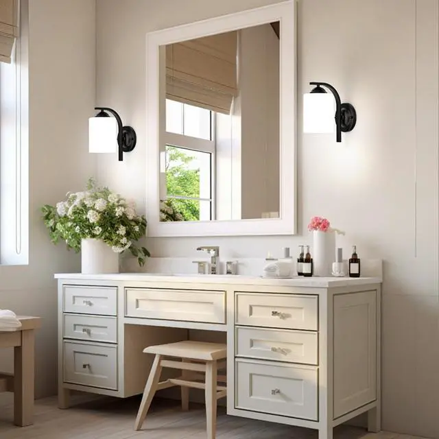 Alt view image 6 of 7 - 2-Pack Wall Sconces for Bedroom and Bathroom, Matte Black Farmhouse Wall Light Fixtures with Glass Shade, Modern Vanity Wall Lamps for Living Room, Hallway, Kitchen