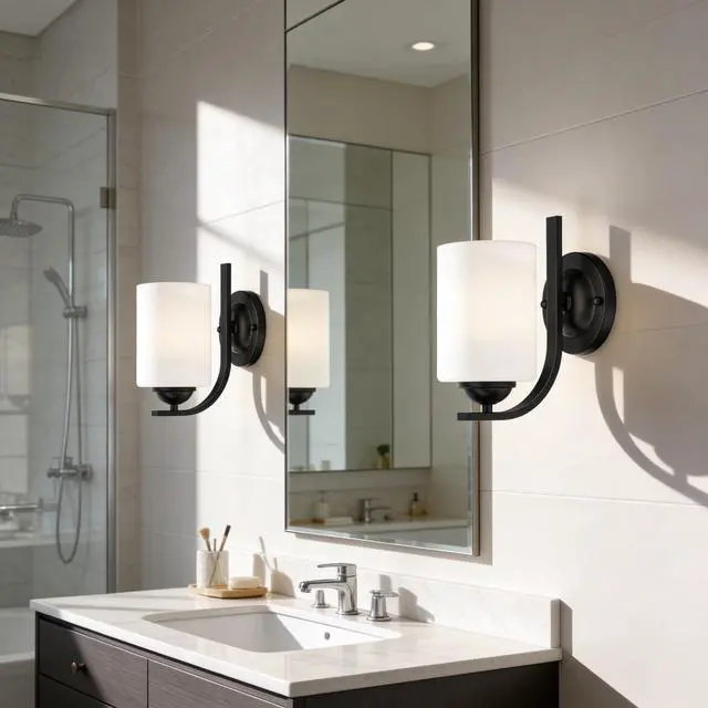 Alt view image 7 of 7 - 2-Pack Wall Sconces for Bedroom and Bathroom, Matte Black Farmhouse Wall Light Fixtures with Glass Shade, Modern Vanity Wall Lamps for Living Room, Hallway, Kitchen