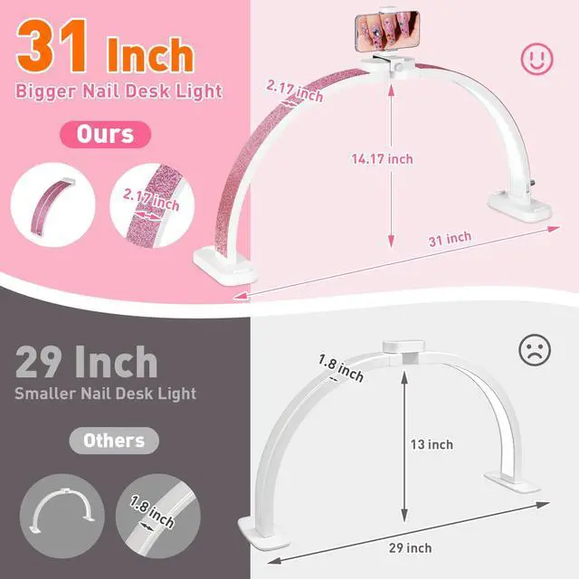 Alt view image 3 of 7 - Super Large 31in Half Moon Light for Nail Desk, Crystal Diamond White | Foldable Arch Light Nail Tech Lamp With Phone Stand, LED Table Lamp for Manicure, Handicraft, Art, Eyelash Extension