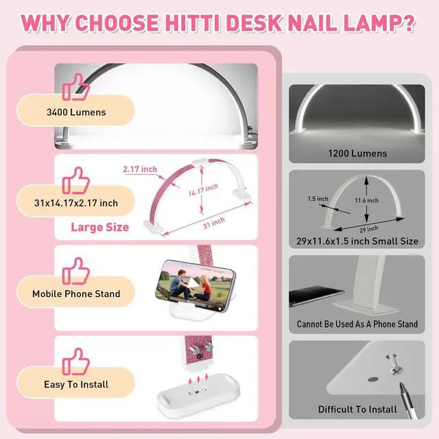 Alt view image 2 of 7 - Super Large 31in Half Moon Light for Nail Desk, Crystal Diamond White | Foldable Arch Light Nail Tech Lamp With Phone Stand, LED Table Lamp for Manicure, Handicraft, Art, Eyelash Extension
