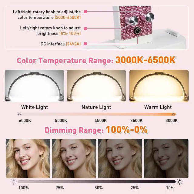 Alt view image 6 of 7 - Super Large 31in Half Moon Light for Nail Desk, Crystal Diamond White | Foldable Arch Light Nail Tech Lamp With Phone Stand, LED Table Lamp for Manicure, Handicraft, Art, Eyelash Extension