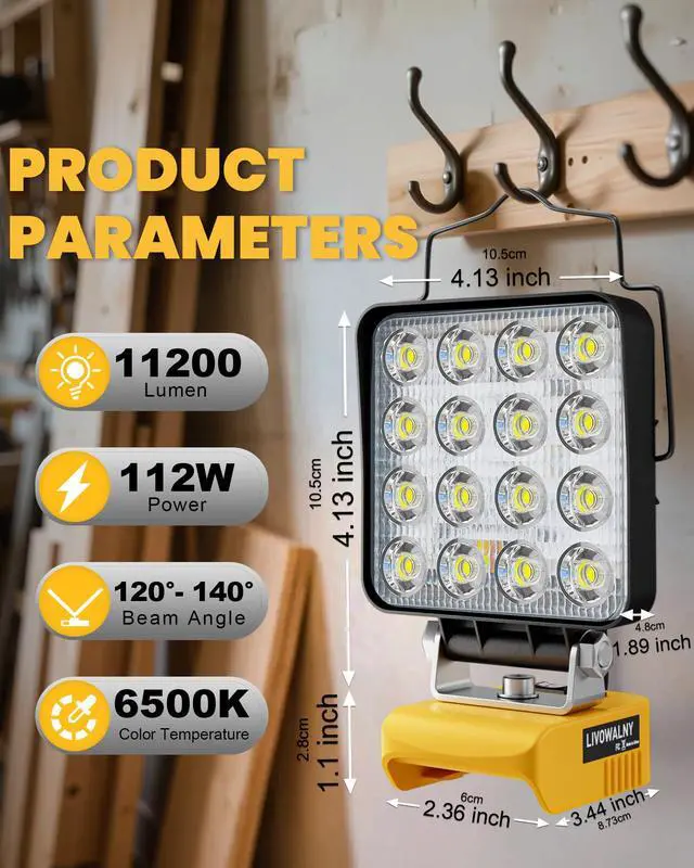 Alt view image 2 of 7 - 2PCS LED Work Light Compatible with Dewalt 20V Battery, 112W 11200LM Battery Light 20V Cordless Tools, Portable Flood Flashlight with USB A & USB C Output Port(Tool Only)