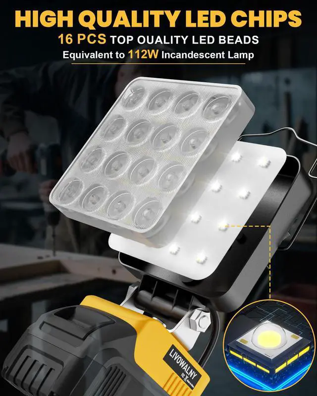 Alt view image 3 of 7 - 2PCS LED Work Light Compatible with Dewalt 20V Battery, 112W 11200LM Battery Light 20V Cordless Tools, Portable Flood Flashlight with USB A & USB C Output Port(Tool Only)