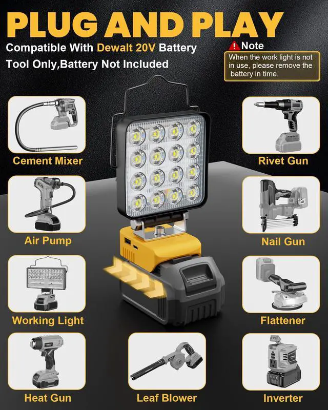 Alt view image 6 of 7 - 2PCS LED Work Light Compatible with Dewalt 20V Battery, 112W 11200LM Battery Light 20V Cordless Tools, Portable Flood Flashlight with USB A & USB C Output Port(Tool Only)