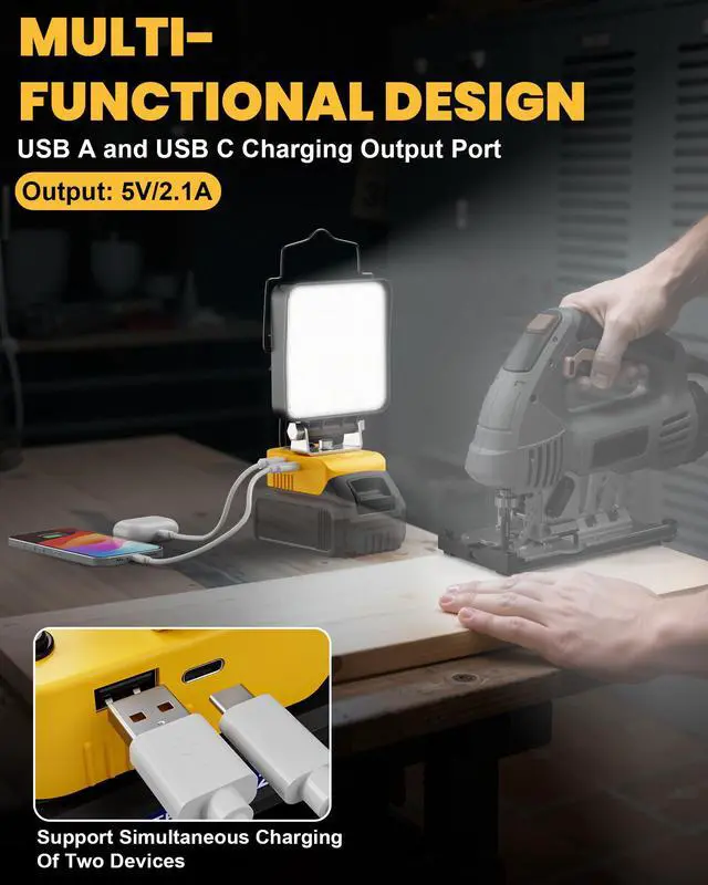 Alt view image 4 of 7 - 2PCS LED Work Light Compatible with Dewalt 20V Battery, 112W 11200LM Battery Light 20V Cordless Tools, Portable Flood Flashlight with USB A & USB C Output Port(Tool Only)