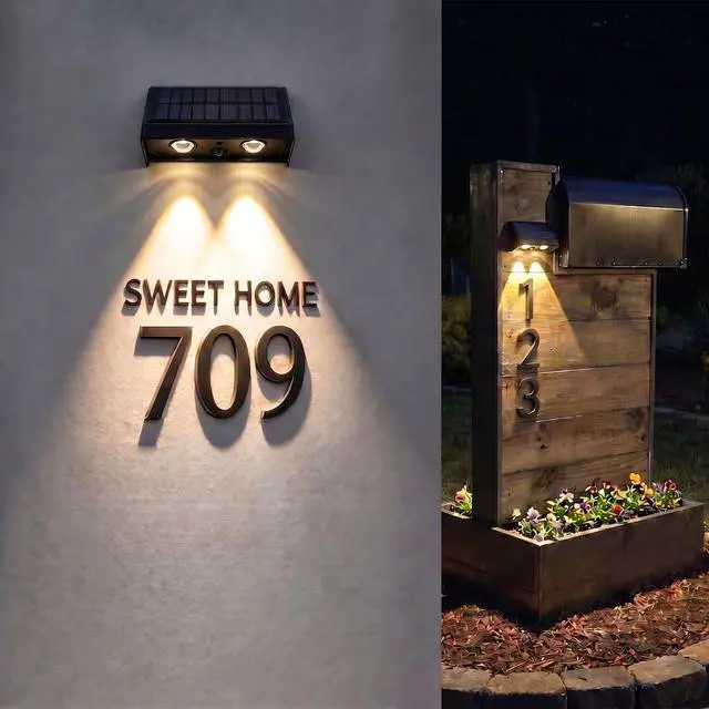 Alt view image 3 of 7 - Solar Lights Outdoor for Wall, Mailbox, Address, Sign, House Number, Fence | 3000K Warm White Lighting Downlights Outdoor Waterproof LED Dusk to Dawn Small Convex Lens Solar Powered 2 Pack