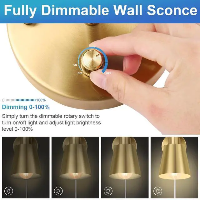 Alt view image 2 of 7 - Plug in Wall Sconces, Dimmable Wall Sconces Adjustable Angle Wall Lights with Plug in Cord and Dimmer On/Off Knob Switch, Gold Wall Mounted Light for Bedroom Bedside Stairway(2 Pack, 2 Bulbs)