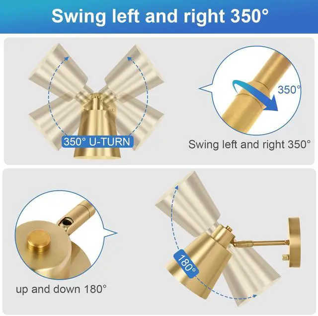 Alt view image 3 of 7 - Plug in Wall Sconces, Dimmable Wall Sconces Adjustable Angle Wall Lights with Plug in Cord and Dimmer On/Off Knob Switch, Gold Wall Mounted Light for Bedroom Bedside Stairway(2 Pack, 2 Bulbs)