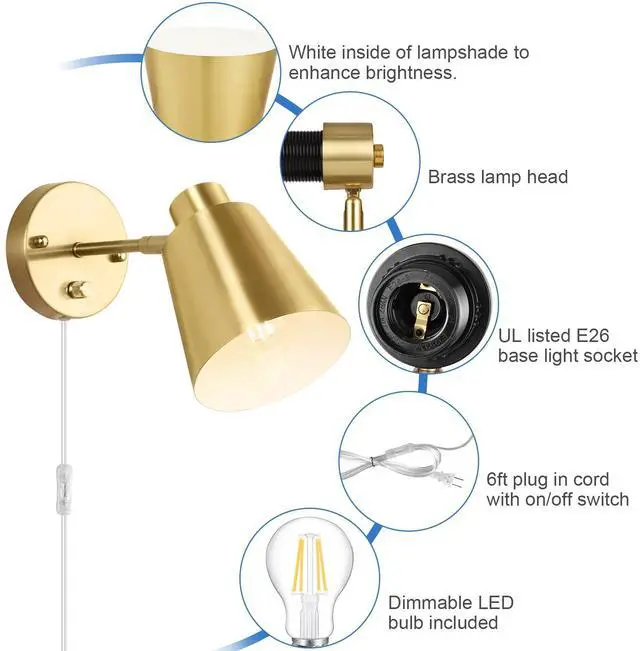Alt view image 4 of 7 - Plug in Wall Sconces, Dimmable Wall Sconces Adjustable Angle Wall Lights with Plug in Cord and Dimmer On/Off Knob Switch, Gold Wall Mounted Light for Bedroom Bedside Stairway(2 Pack, 2 Bulbs)