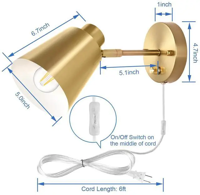 Alt view image 5 of 7 - Plug in Wall Sconces, Dimmable Wall Sconces Adjustable Angle Wall Lights with Plug in Cord and Dimmer On/Off Knob Switch, Gold Wall Mounted Light for Bedroom Bedside Stairway(2 Pack, 2 Bulbs)