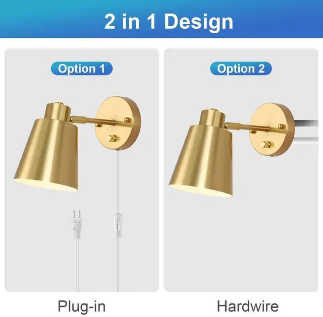 Alt view image 7 of 7 - Plug in Wall Sconces, Dimmable Wall Sconces Adjustable Angle Wall Lights with Plug in Cord and Dimmer On/Off Knob Switch, Gold Wall Mounted Light for Bedroom Bedside Stairway(2 Pack, 2 Bulbs)