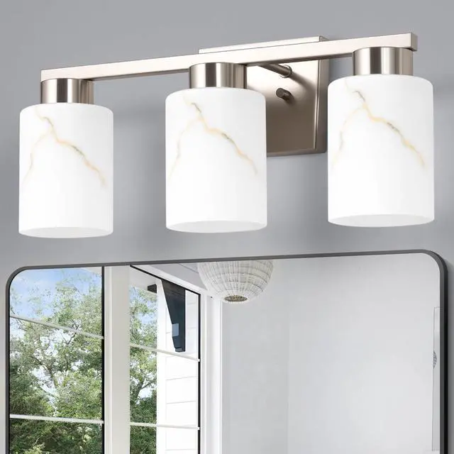 Main image of 3-Light Bathroom Light Fixtures, Modern Vanity Lights, Brushed Nickel Metal Wall Lamp with White Marble Glass for Bathroom, Mirror, Living Room, Bedroom, Cabinet, Porch, Hallway, E26 Base