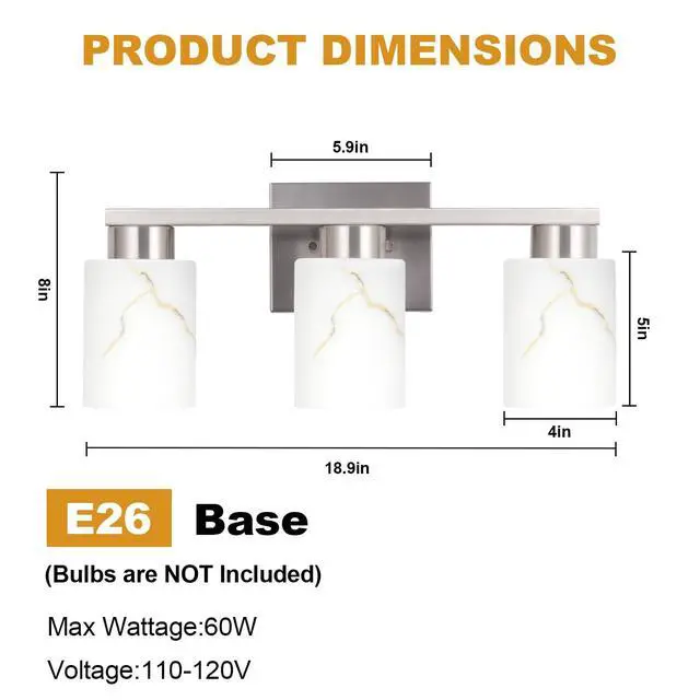 Alt view image 2 of 7 - 3-Light Bathroom Light Fixtures, Modern Vanity Lights, Brushed Nickel Metal Wall Lamp with White Marble Glass for Bathroom, Mirror, Living Room, Bedroom, Cabinet, Porch, Hallway, E26 Base