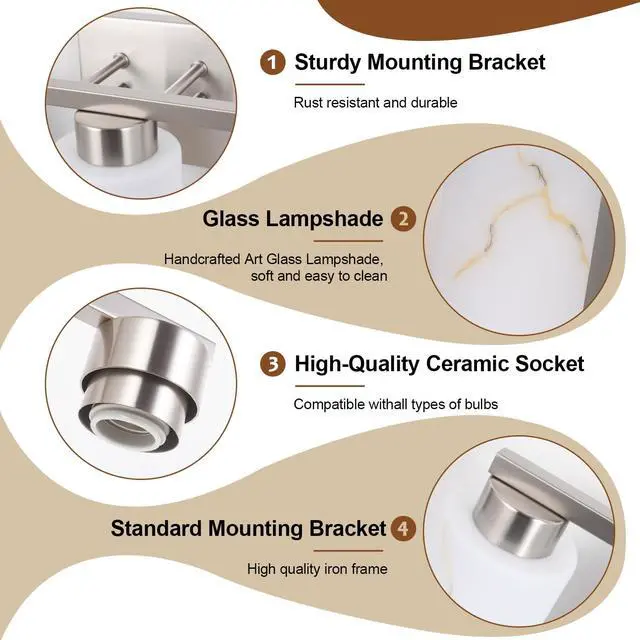 Alt view image 3 of 7 - 3-Light Bathroom Light Fixtures, Modern Vanity Lights, Brushed Nickel Metal Wall Lamp with White Marble Glass for Bathroom, Mirror, Living Room, Bedroom, Cabinet, Porch, Hallway, E26 Base