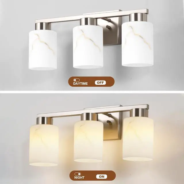 Alt view image 4 of 7 - 3-Light Bathroom Light Fixtures, Modern Vanity Lights, Brushed Nickel Metal Wall Lamp with White Marble Glass for Bathroom, Mirror, Living Room, Bedroom, Cabinet, Porch, Hallway, E26 Base