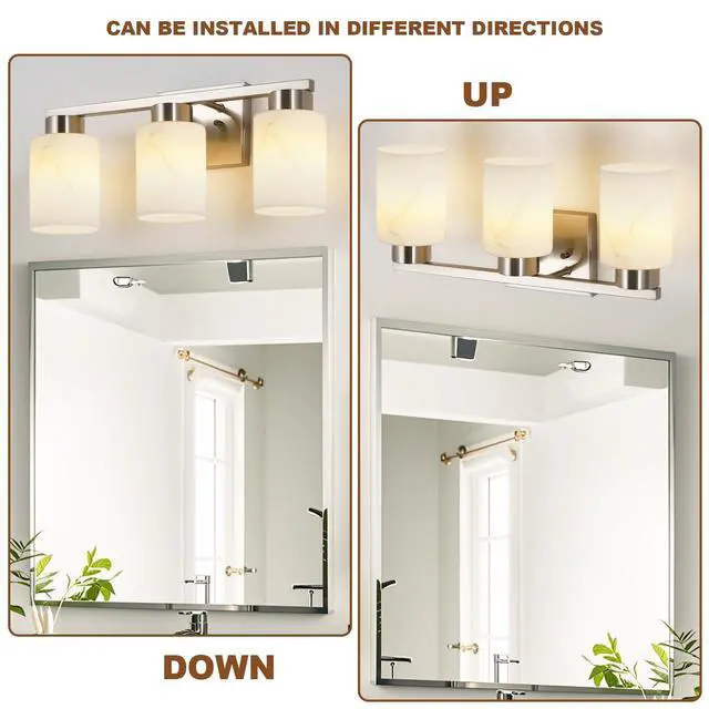 Alt view image 5 of 7 - 3-Light Bathroom Light Fixtures, Modern Vanity Lights, Brushed Nickel Metal Wall Lamp with White Marble Glass for Bathroom, Mirror, Living Room, Bedroom, Cabinet, Porch, Hallway, E26 Base