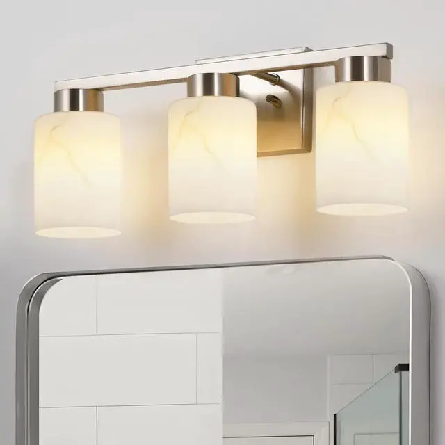 Alt view image 6 of 7 - 3-Light Bathroom Light Fixtures, Modern Vanity Lights, Brushed Nickel Metal Wall Lamp with White Marble Glass for Bathroom, Mirror, Living Room, Bedroom, Cabinet, Porch, Hallway, E26 Base