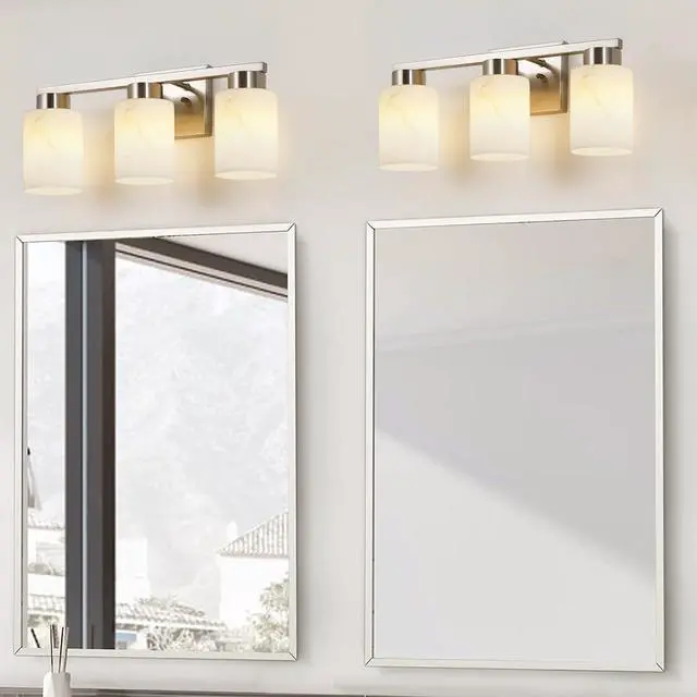 Alt view image 7 of 7 - 3-Light Bathroom Light Fixtures, Modern Vanity Lights, Brushed Nickel Metal Wall Lamp with White Marble Glass for Bathroom, Mirror, Living Room, Bedroom, Cabinet, Porch, Hallway, E26 Base