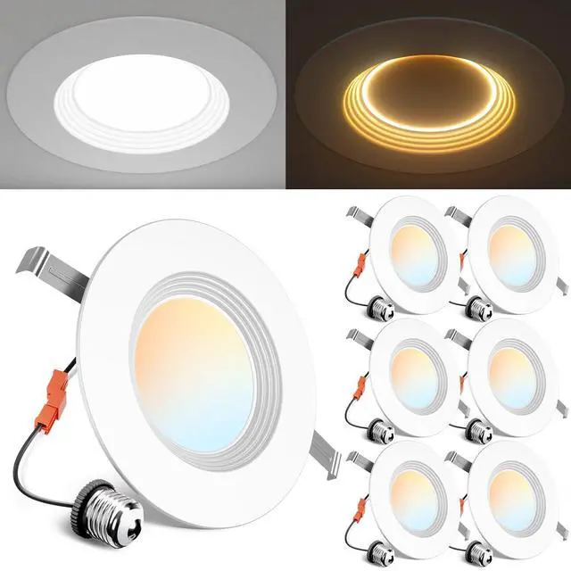 Main image of 6 Pack 5/6 Inch 5CCT LED Recessed Lighting with Night Light | Retrofit Baffle Trim, 2700K-5000K Selectable Can Lights, Dimmable, 1000LM, 9W=110W, Damp Rated, ETL&FCC&IC, E26 Install