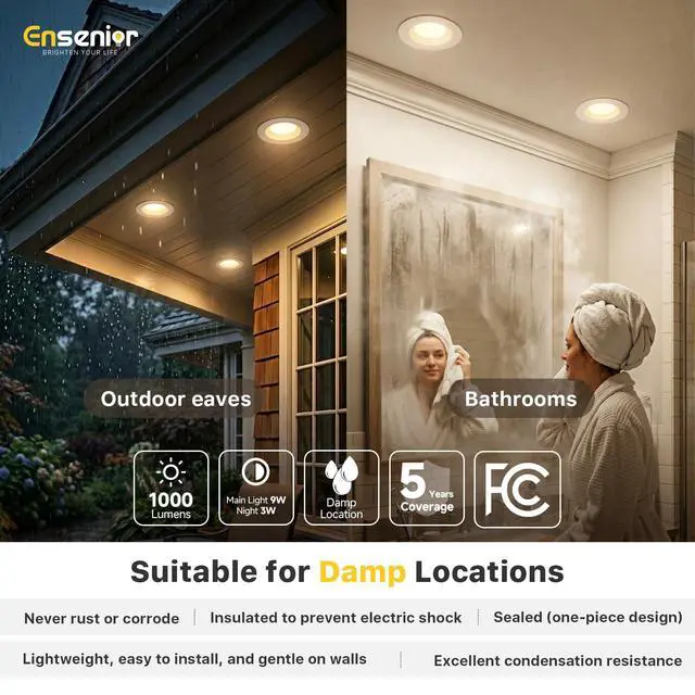 Alt view image 3 of 7 - 6 Pack 5/6 Inch 5CCT LED Recessed Lighting with Night Light | Retrofit Baffle Trim, 2700K-5000K Selectable Can Lights, Dimmable, 1000LM, 9W=110W, Damp Rated, ETL&FCC&IC, E26 Install