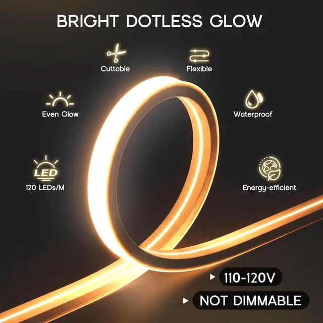 Alt view image 2 of 7 - LED Strip Lights Warm White 3000K,9.8ft 110-120V Neon Rope Lights,Flexible Silicone Outdoor Waterproof Neon Strip Lights for Bedroom,Mirror,Kitchen Cabinet, Living Room,Halloween Decor