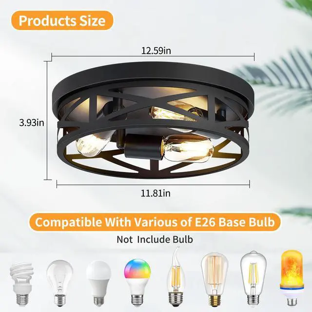 Alt view image 4 of 7 - 13 inch Farmhouse Ceiling Light Fixture,3-Light Hallway Light Fixtures Ceiling,Black Flush Mount Ceiling Light,Light Fixture Ceiling Mount for Kitchen Hallway Entryway,E26 Base1 Pack