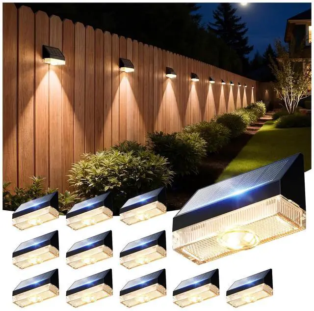 Main image of Solar Fence Lights 12 Pack, Fence Post Solar Lights Outdoor Waterproof with Warm White LED Spot Lens, Solar Deck Lights for Outside Wall, Deck, Patio, Yard, Rail, Garage, Pool