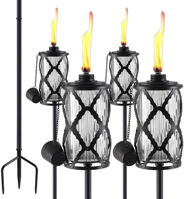 Main image of 4 Pack Glass Citronella Torches, 16 oz Garden Torches for Outside, 55 inch Outdoor Clear Glass Citronella Torches with 3-Prong Grounded Stake for Garden, Patio, Party, Landscape Decor