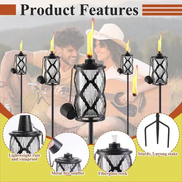 Alt view image 5 of 7 - 4 Pack Glass Citronella Torches, 16 oz Garden Torches for Outside, 55 inch Outdoor Clear Glass Citronella Torches with 3-Prong Grounded Stake for Garden, Patio, Party, Landscape Decor