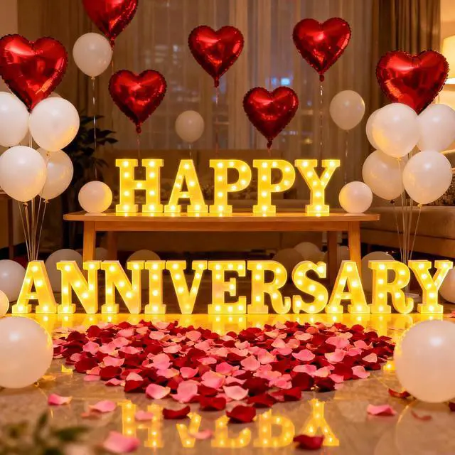 Main image of Happy Anniversary Decorations, Light up Letters Sign, with Rose Petals, Round Pearlescent Balloon, Aluminum Balloons, Light LED Neon, Table Decor for Valentine's Day Wedding Romantic Party