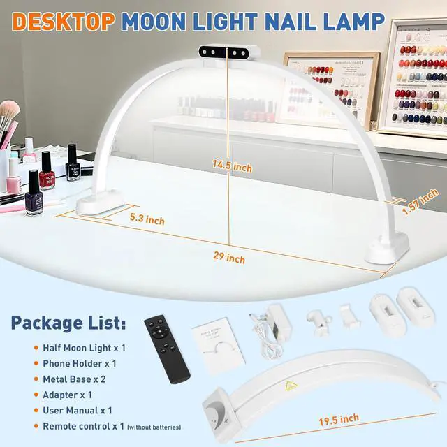 Alt view image 7 of 7 - Half Moon Light for Nail Desk, 29in Foldable Nail Lamp for Desk | Arch Nail Tech Light with Phone Holder for Manicure Salon, Adjustable Color Brightness, Memory Function for Display Screen