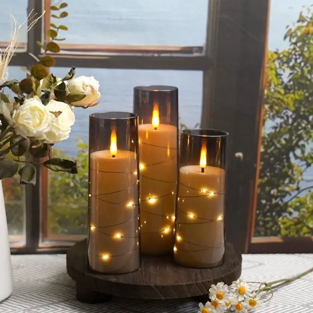Alt view image 3 of 6 - Flameless LED Candles with Timer 9 Pc Flickering Flameless Candles for Romantic Ambiance and Home Decoration Stable Acrylic Shell,with Embedded Star StringBattery Operated CandlesGrey