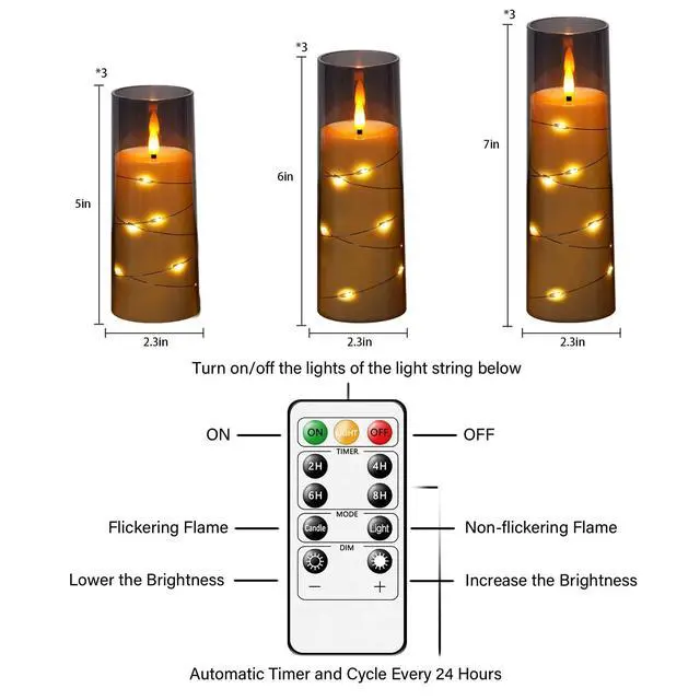 Alt view image 5 of 6 - Flameless LED Candles with Timer 9 Pc Flickering Flameless Candles for Romantic Ambiance and Home Decoration Stable Acrylic Shell,with Embedded Star StringBattery Operated CandlesGrey