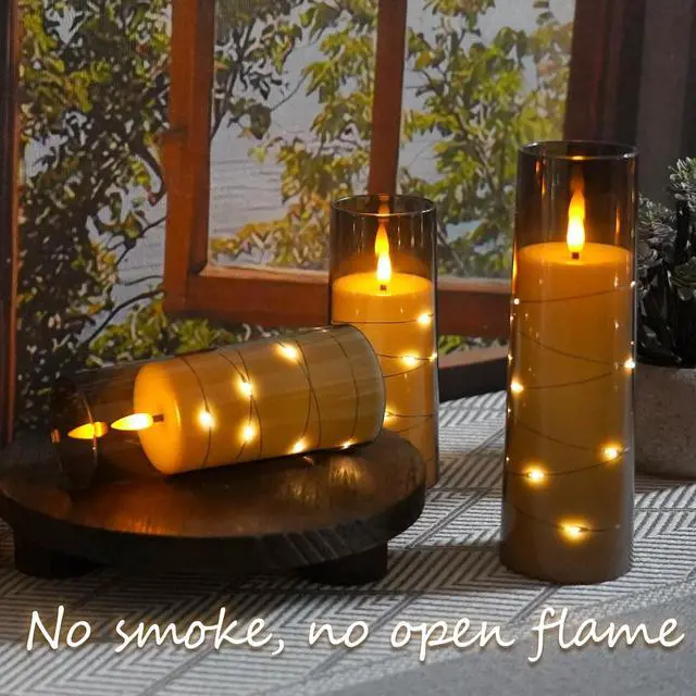 Alt view image 4 of 6 - Flameless LED Candles with Timer 9 Pc Flickering Flameless Candles for Romantic Ambiance and Home Decoration Stable Acrylic Shell,with Embedded Star StringBattery Operated CandlesGrey