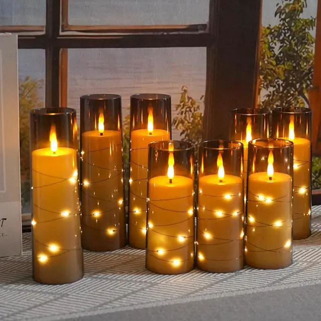 Alt view image 6 of 6 - Flameless LED Candles with Timer 9 Pc Flickering Flameless Candles for Romantic Ambiance and Home Decoration Stable Acrylic Shell,with Embedded Star StringBattery Operated CandlesGrey