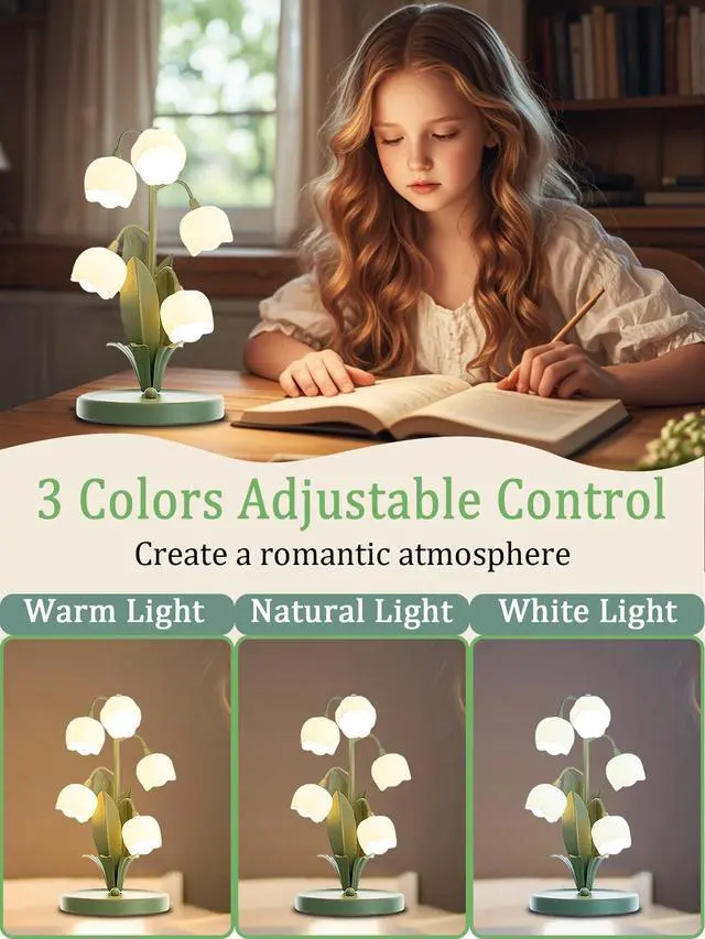 Alt view image 2 of 5 - Green Flower Lamp for Home,5 Lily of The Valley Vintage Table Lamps | 3 Colors Modes Kawaii Bedside Lamp Decor,with G4 Bulb Nightstand Light for Living Room Office Bedroom