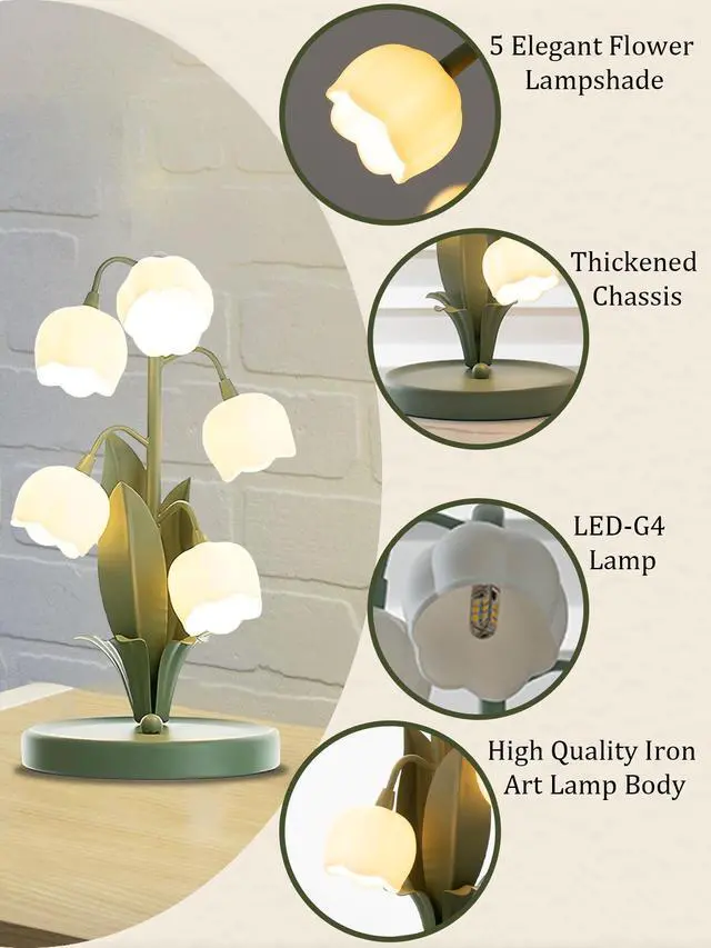 Alt view image 3 of 5 - Green Flower Lamp for Home,5 Lily of The Valley Vintage Table Lamps | 3 Colors Modes Kawaii Bedside Lamp Decor,with G4 Bulb Nightstand Light for Living Room Office Bedroom