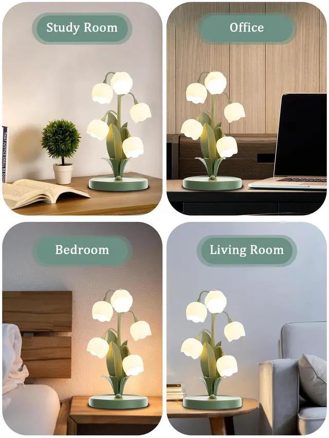 Alt view image 4 of 5 - Green Flower Lamp for Home,5 Lily of The Valley Vintage Table Lamps | 3 Colors Modes Kawaii Bedside Lamp Decor,with G4 Bulb Nightstand Light for Living Room Office Bedroom