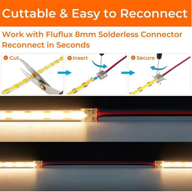 Alt view image 4 of 7 - COB LED Strip Lights Neutral White 3500K, 24V DC Premium Tape Light with Strong 3M VHB Tape, CRI 95, UL Listed, Cuttable, Dimmable, for Living Room, Stairs, Shelves (NO Power Supply)
